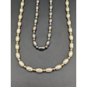 Vintage 2 Strand Faux Pearl Necklace Rice Bead Cream Grey Gold Tone Barrel Clasp